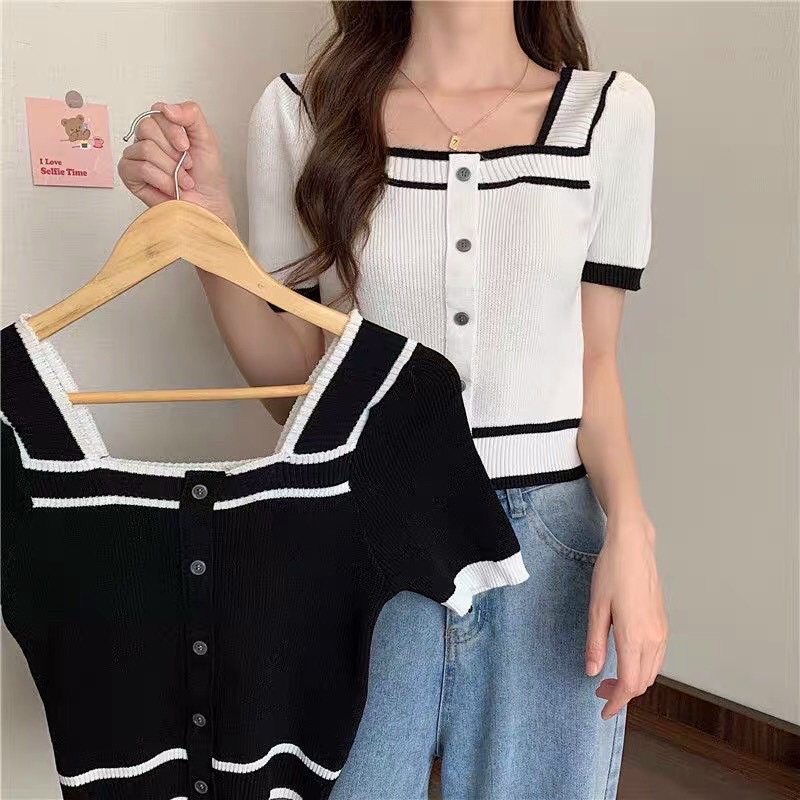Áo len cộc cổ vuông viền bo gấu cúc giữa len mịn co giãn AL6530 - NhiNhi Shop