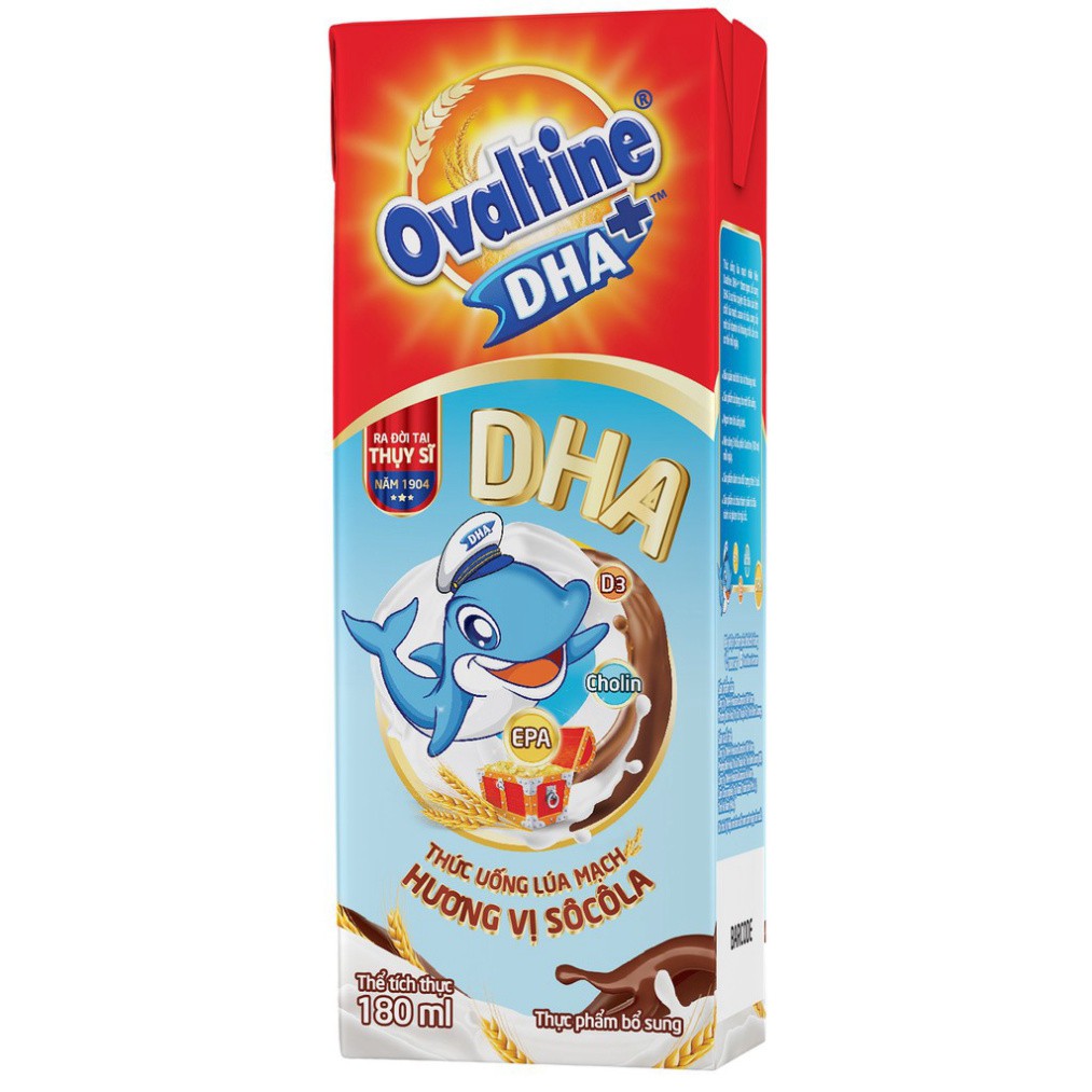 Thức uống lúa mạch hương vị sô-cô-la Ovaltine DHA+ hộp giấy 180ml x4