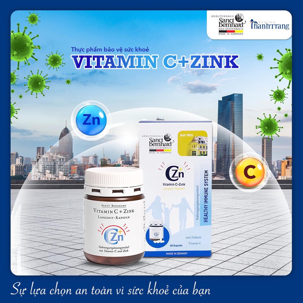 Viên uống Vitamin C và Kẽm tăng cường đề kháng miễn dịch, đẹp da hộp 60 viên chính hãng Sanct Bernhard Đức