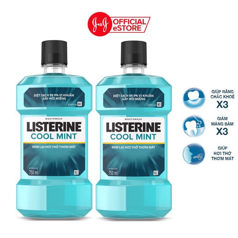 Bộ 2 chai nước súc miệng diệt khuẩn giữ hơi thở thơm mát Listerine Cool Mint 750ml/chai