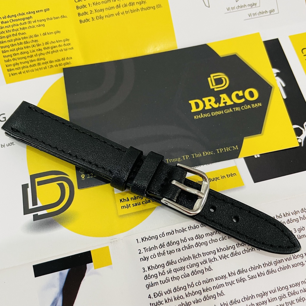 Dây da đòng hồ Draco DDDH04 màu đen - size 14 nữ chấy liệu da bò thật cao cấp