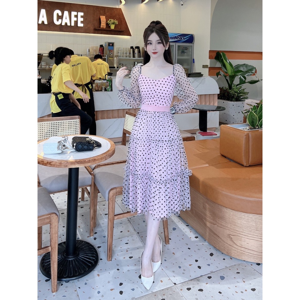 Váy thu đông dáng dài 2 lớp voan chấm bi cao cấp siêu xinh sang chảnh