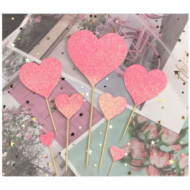 topper cake [FREESHIP] set cắm giấy tim nhũ