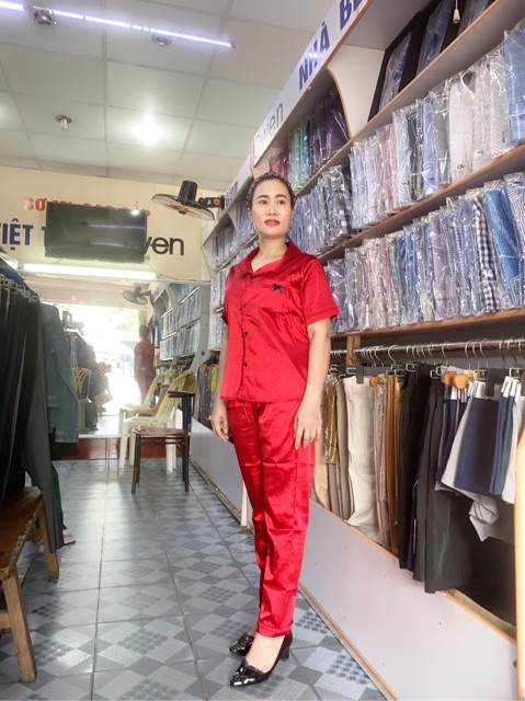 Bộ ngủ nữ viền nơ bộ pijama tay cộc quần dài cao cấp lụa satin không bai xù overs size 60kg AT93