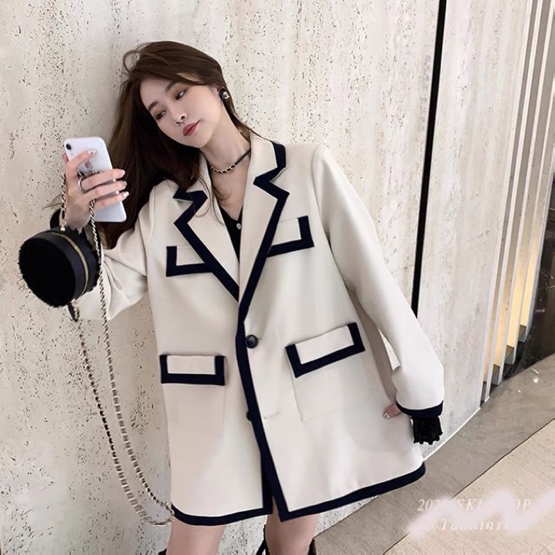 Áo khoác blazer 2 lớp đính cúc tay dày dặn/ vest nữ trắng be kẻ viền xanh than Quảng Châu