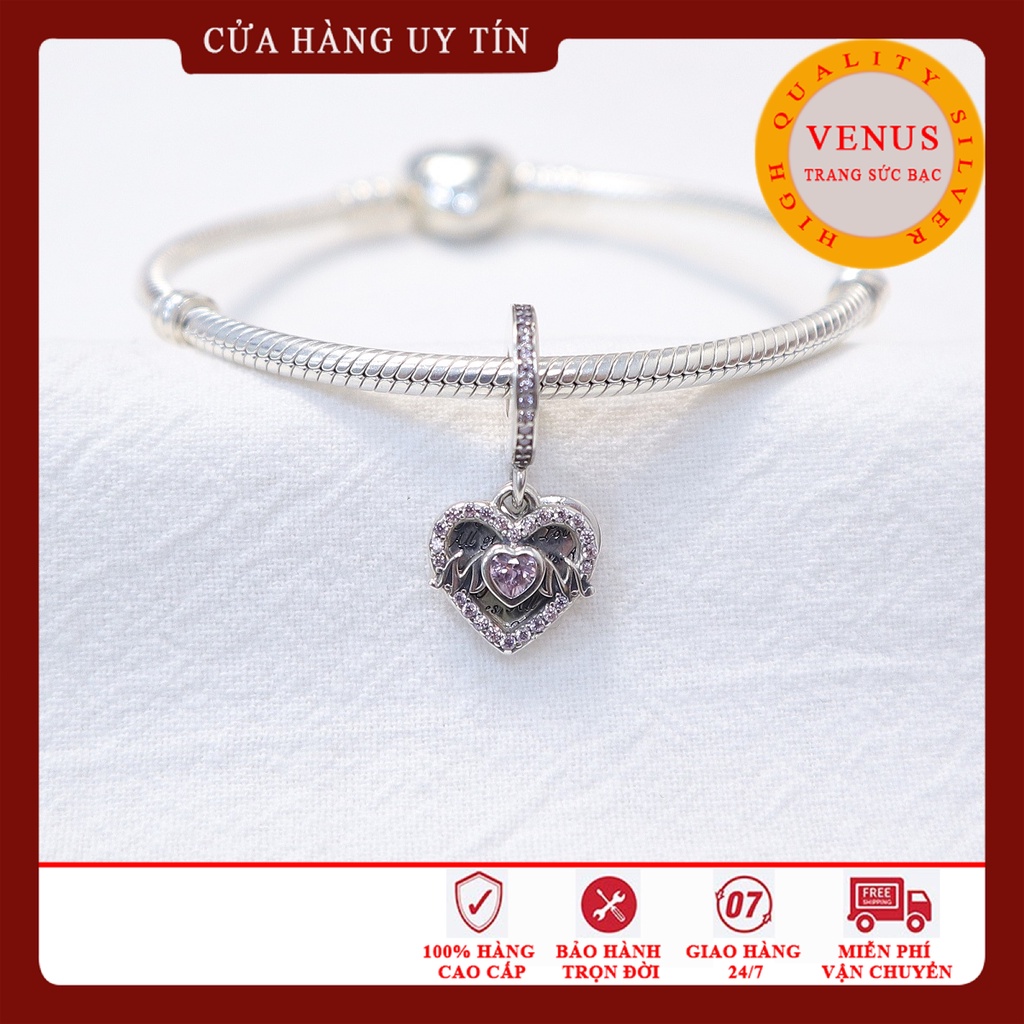 [Charm bạc 925 cao cấp] Charm treo chữ Mom gắn đá hồng- Mã sản phẩm VENUSMOM