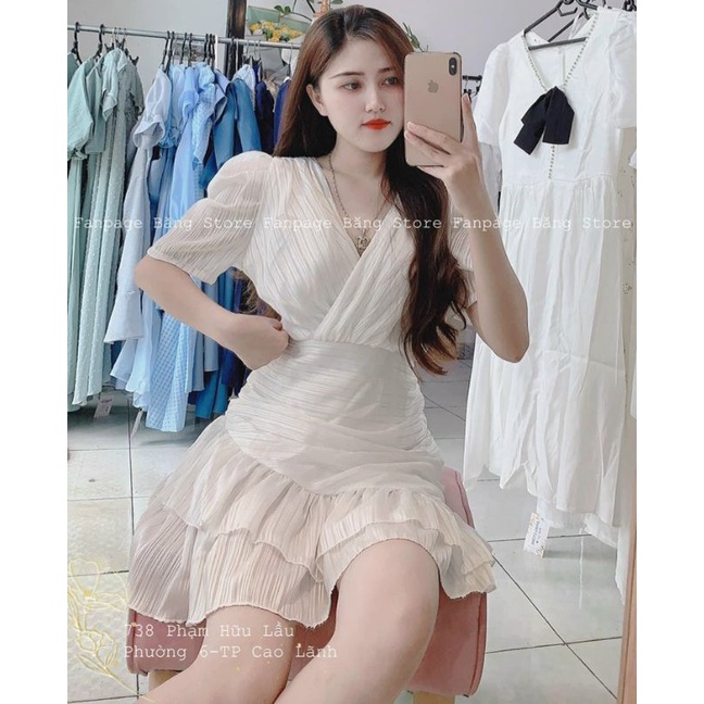 Đầm Dự Tiệc Nữ Trắng Váy Cổ V Đắp Chéo Tay Bồng Đuôi Tầng Bèo Siêu Sang Chất Cực Đẹp