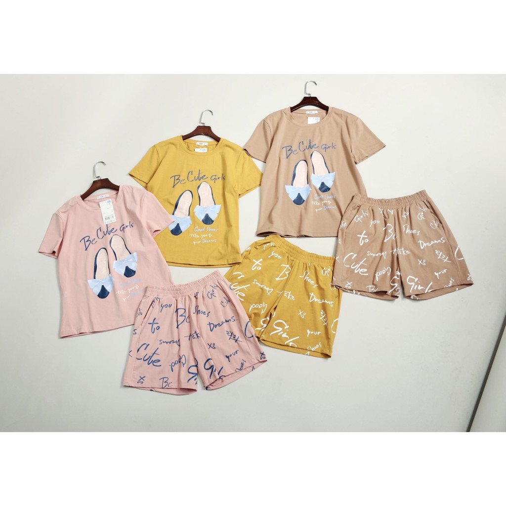 Bộ đồ nữ. Bộ cotton áo cộc quần đùi mặc nhà hè Be Cute họa tiết đôi giày G.U BOH47