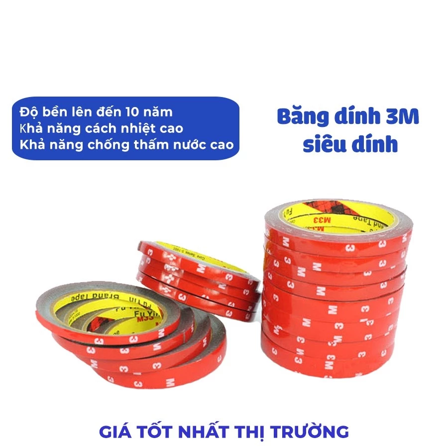 Băng dính 3m chính hãng cuộn dài 3 mét có độ bám dính và đàn hồi tốt, dùng trong nội ngoại thất ô tô và đồ dùng gia đình
