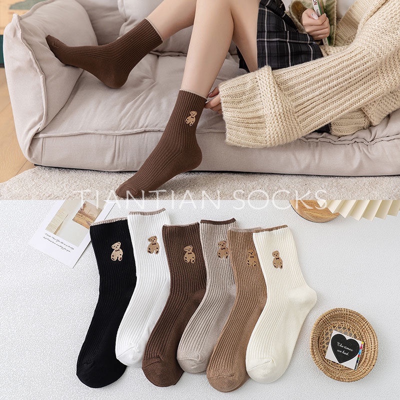 Tất nữ  vớ nữ cổ cao Cotton thêu hình gấu mới  dành cho nữ sinh