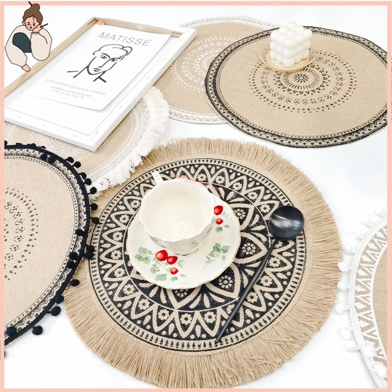 Tấm Lót Bàn Ăn Vải Cotton Dệt Phối Tua Rua Cách Nhiệt Trang Trí Bàn