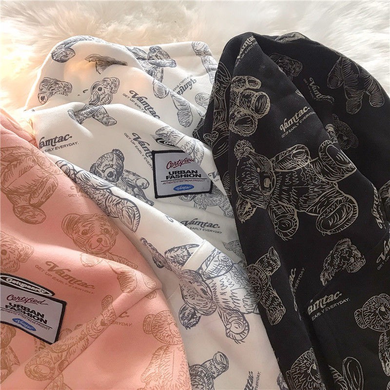 Áo hoodie form rộng in hình gấu thời trang thu đông cho nam nữ