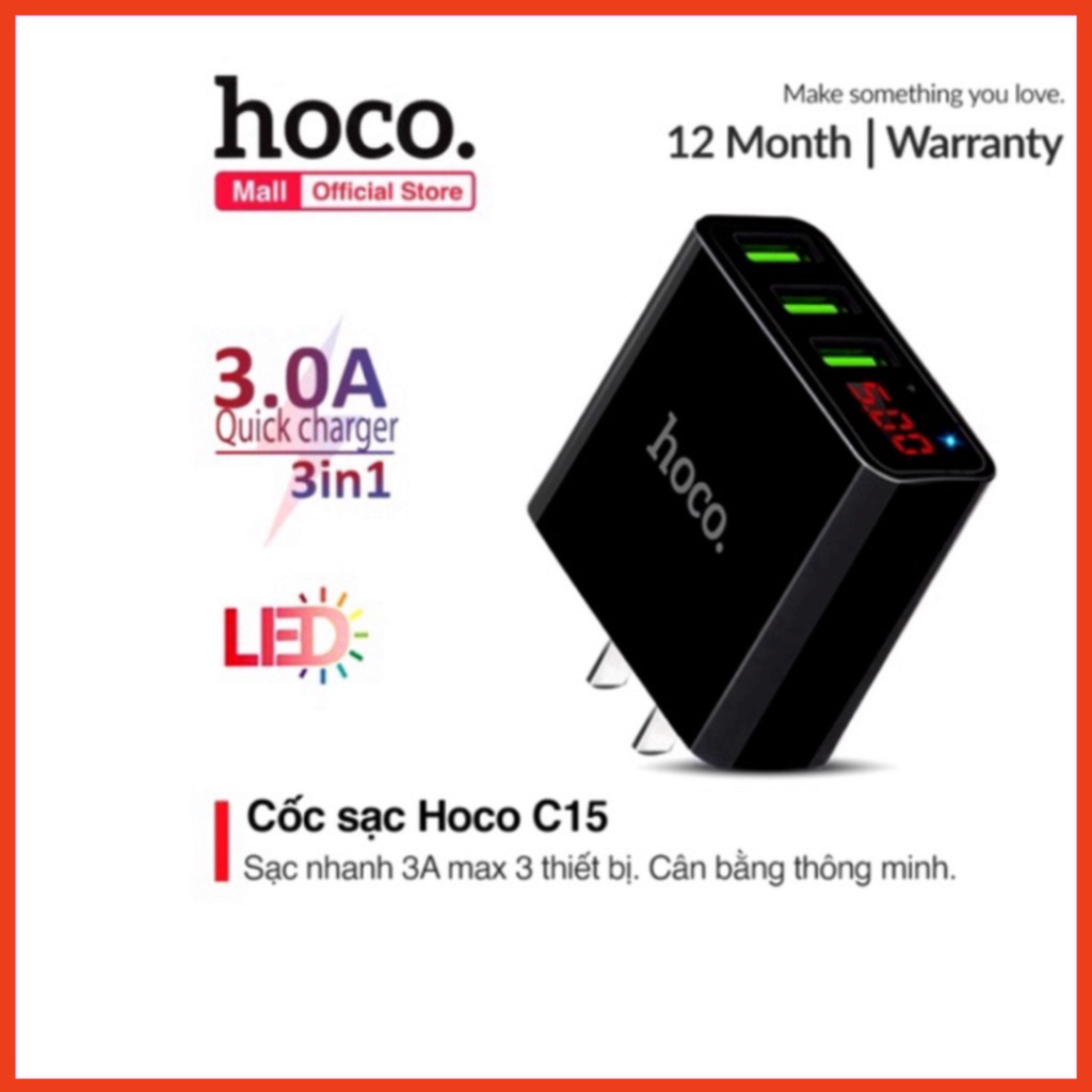 Củ Sạc Nhanh 3 Cổng USB, Màn Hình LED Chính Hãng HOCO C15.Củ Sạc Hoco C15