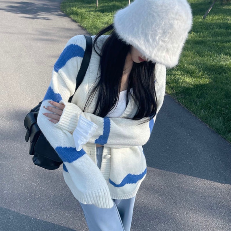 SUXI Áo Khoác Cardigan Họa Tiết Kẻ Sọc Thời Trang Vintage Cho Nữ