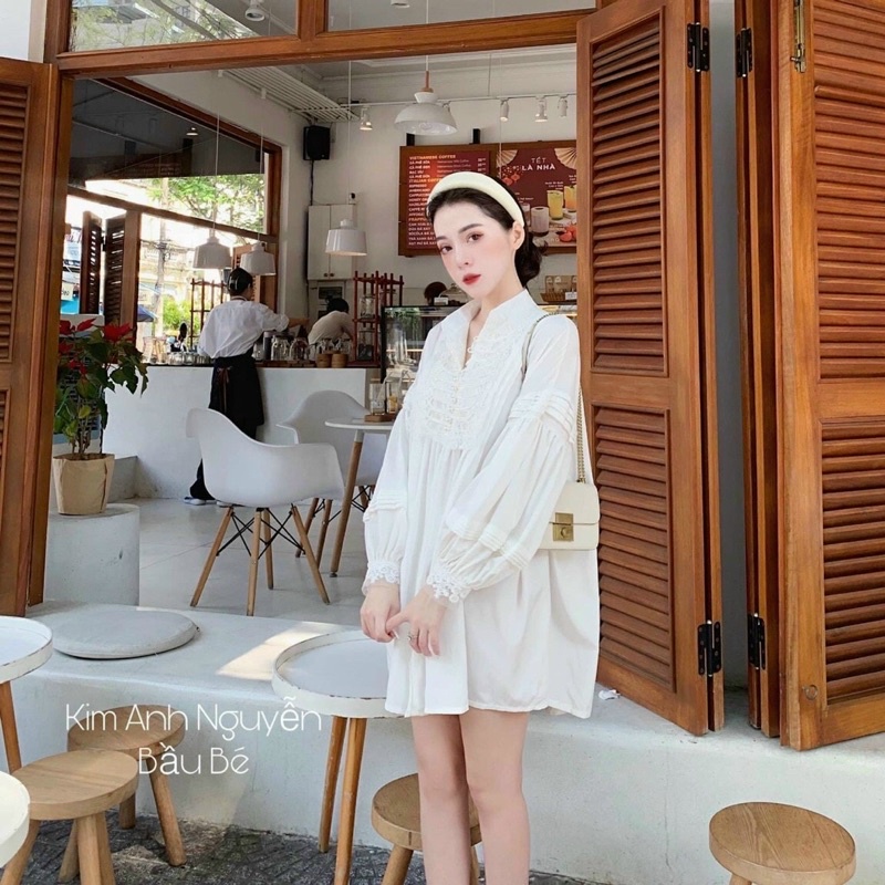 ĐẦM BBD TRẮNG CỔ VIỀN REN NÚT NGỌC TAY PHỒNG ✨