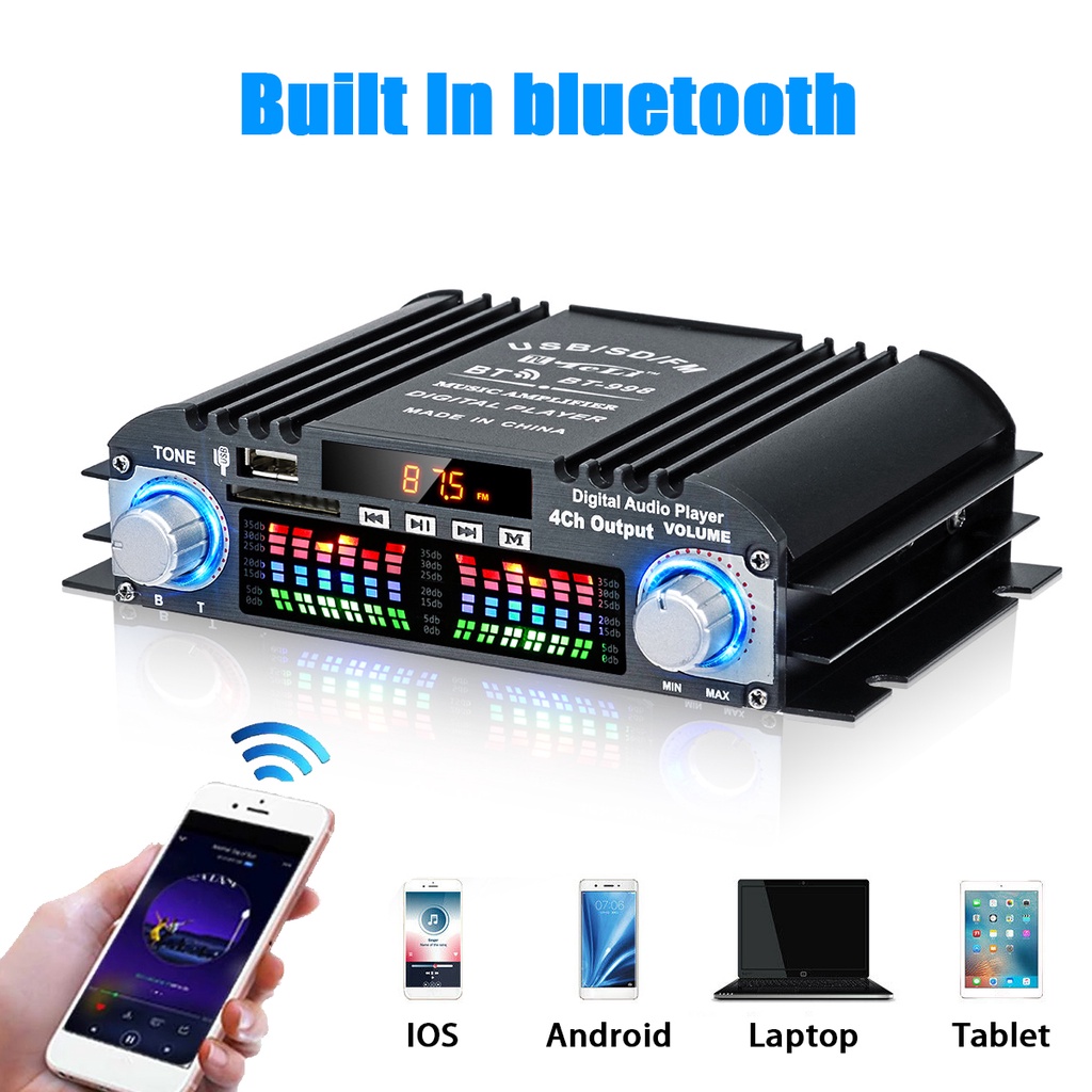 12V/220V 800W Bộ Khuếch Đại Âm Thanh HiFi bluetooth 4 Kênh Cho Xe Hơi + Bộ Phụ Kiện Đi Kèm Loa ô tô