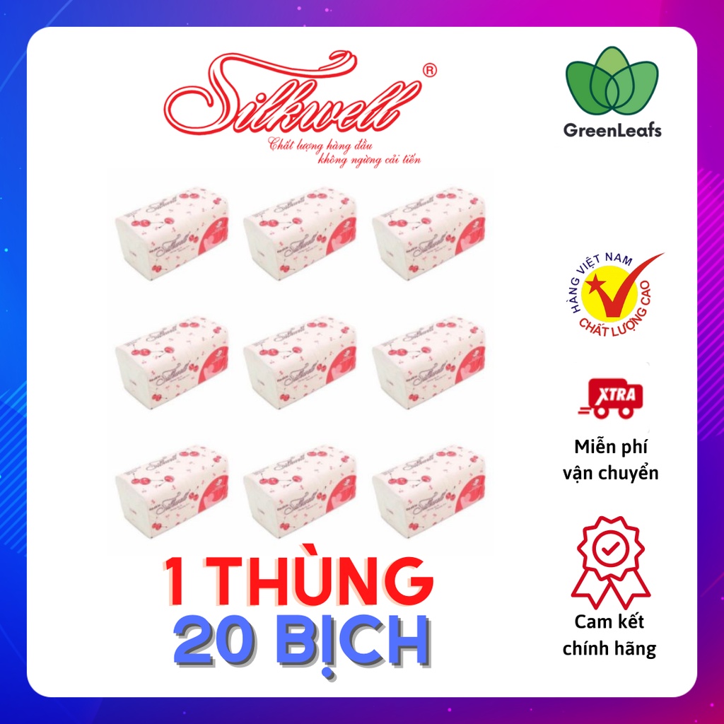 Combo 20 bịch khăn giấy rút Silkwell 280 tờ khổ 200 chính hãng, khăn giấy rút lụa Cherry siêu mềm mịn không tẩy trắng