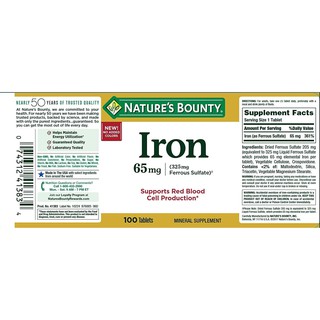 [DATE 8/2023] Nature's Bounty Iron 65mg Tablets 100 VIÊN