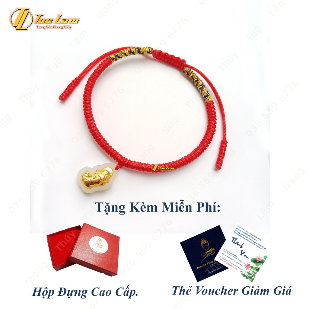 Vòng tay nữ chỉ đỏ may mắn bện tỳ hưu phỉ thúy bạc mạ màu vàng tài lôc - Tuệ Lâm