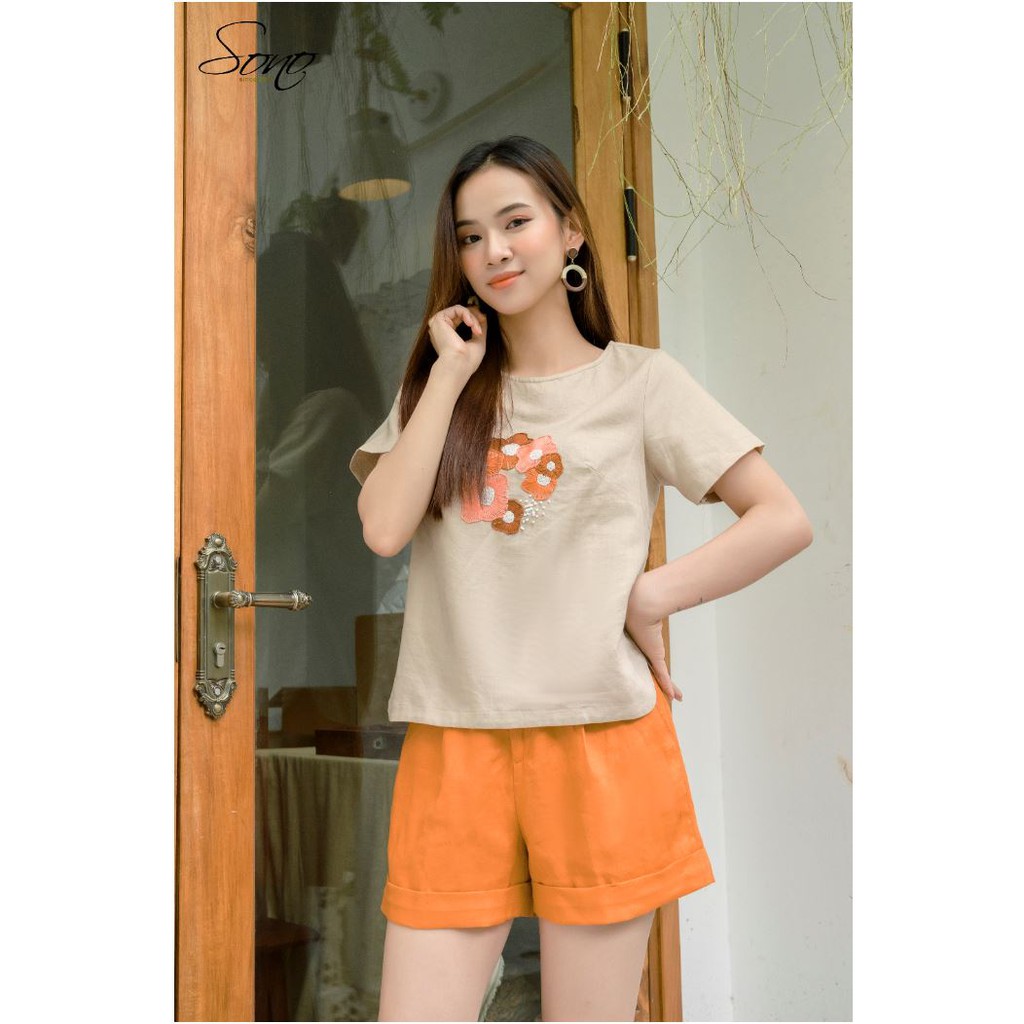 SONO - Áo Linen Hàng Thiết Kế Thêu Họa Tiết Hoa Áo Kiểu Đi Chơi Thêu Tay Tỉ Mĩ
