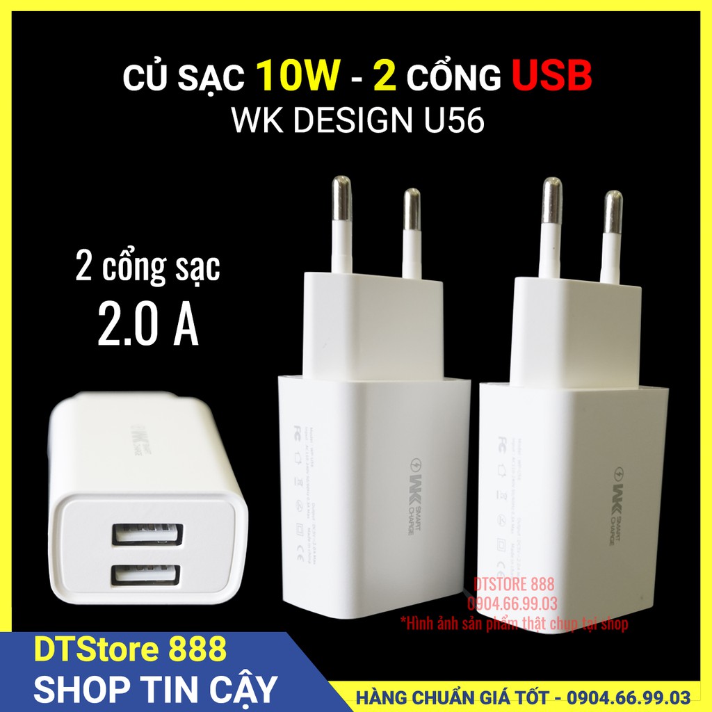 Củ sạc nhanh 2 cổng USB-  WK Design WP-U56, công suất 10W (5V-2A)