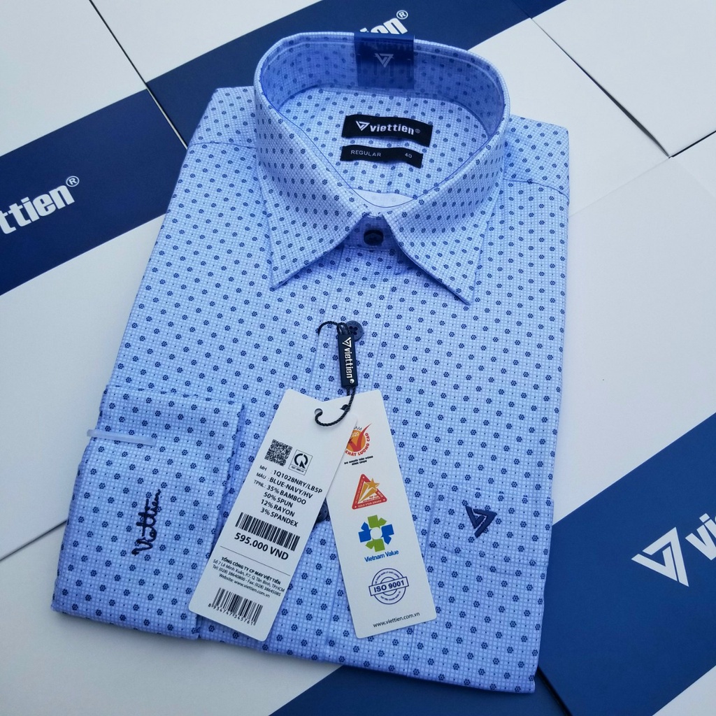 Aó sơ mi nam Việt Tiến dài tay mã 1Q1028NRY chính hãng, cao cấp  - form suông REGULAR - tà bầu , họa tiết .SHOP HỨA