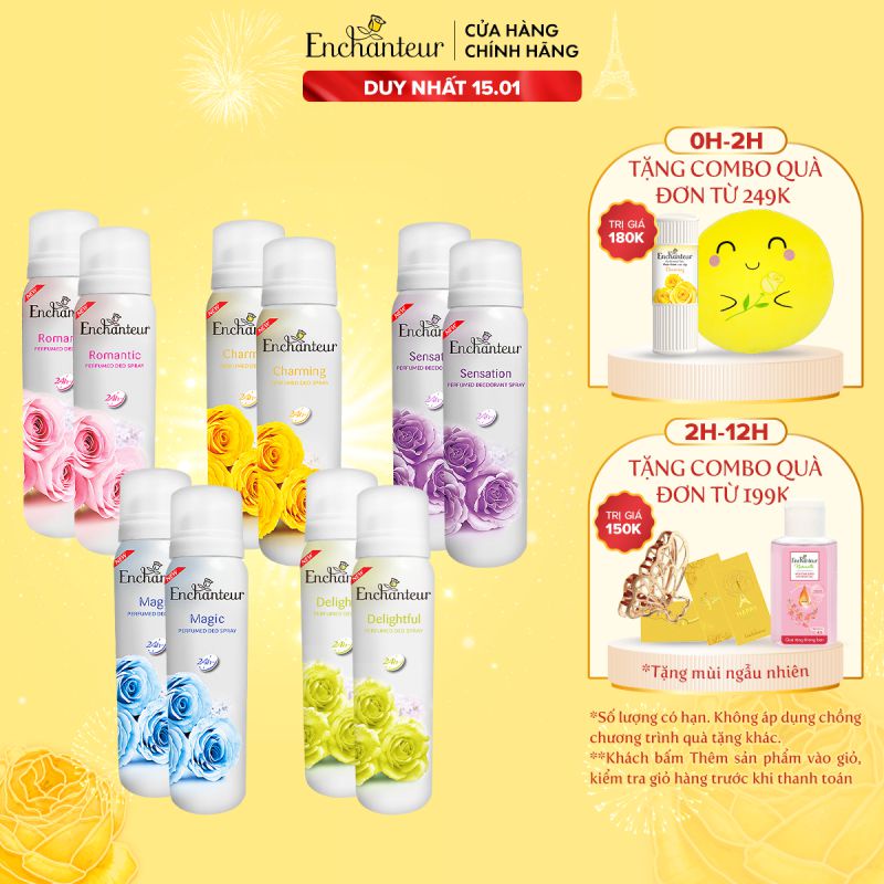 Combo 2 Xịt khử mùi Enchanteur Charming/ Sensation/ Delightful/Romantic/Magic 150ml/Chai