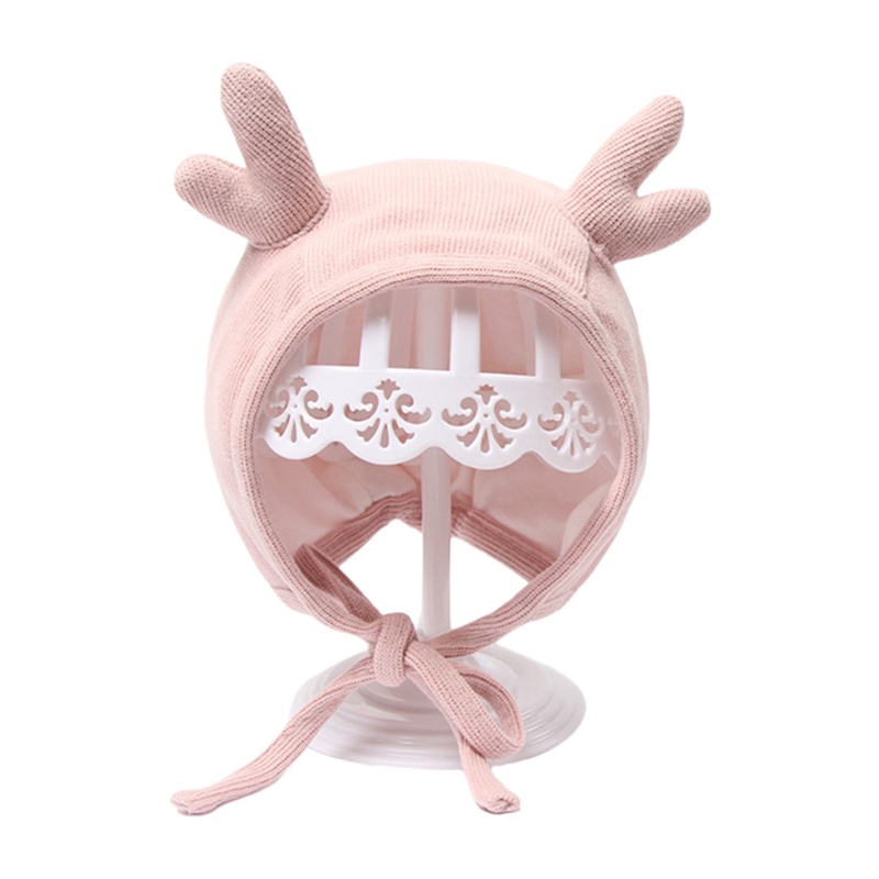 Mũ beanie màu trơn hình sừng nai dễ thương giữ ấm tai cho bé