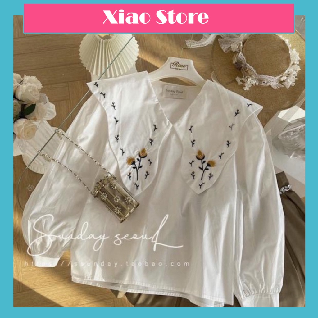 Áo sơ mi thêu hoa vitage hàng mới_007 babydoll chất đẹp mầu trắng, đen xiao shop