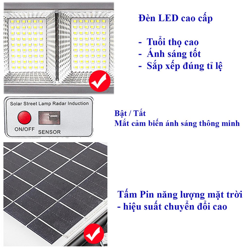 Đèn Led Năng Lượng Mặt Trời Công Suất Lớn 500w - 400w - 300w, Điều Khiển Từ Xa, IP65, Radar Cảm Biến Thông Minh