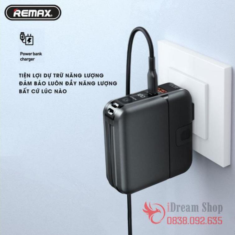 Củ sạc cốc sạc kiêm cục pin sạc dự phòng đa năng Remax 15000mAh sạc nhanh 4 cổng tích hợp sẵn cáp