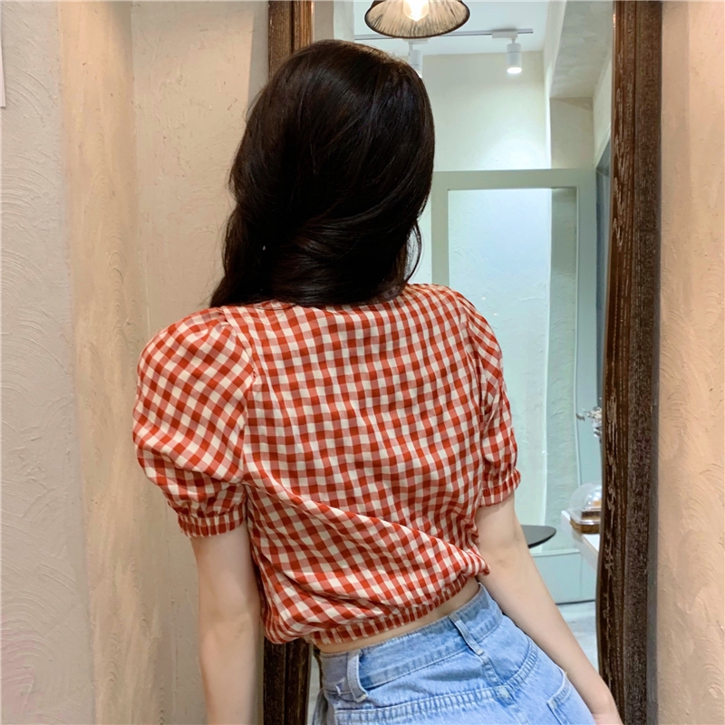 SUXI Áo Kiểu Tay Ngắn Hoạ Tiết Sọc Ca-Rô Cho Phái Nữ
