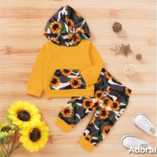 Áo Hoodies 2 Lớp + Quần Dài Họa Tiết Hoa Hướng Dương Cho Bé Gái 3-6 Tháng Tuổi