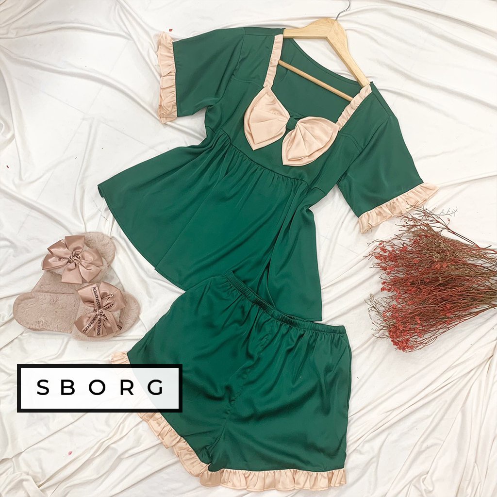 Đồ ngủ cute SBORG đồ bộ mặc nhà lụa latin áo babydoll đính nơ cute quần đùi viền bèo freesize dưới 65kg quà tặng vợ