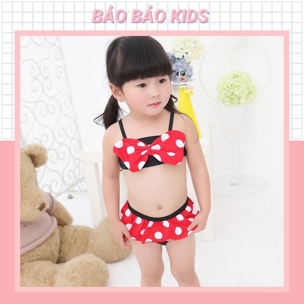 Đồ bơi bikini 2 mảnh hoạ tiết chấm bi phối nơ đáng yêu cho bé gái (10-20kg) - Baobaokids