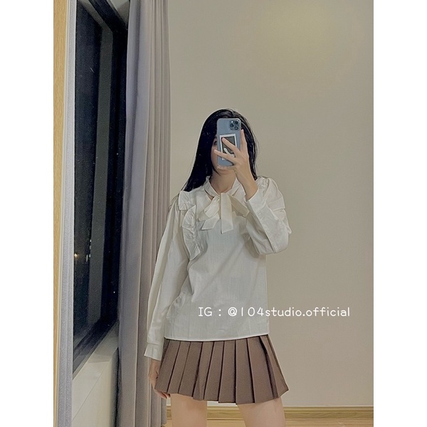 Áo sơ mi nữ dài tay (A001) dáng babydoll bèo ngực thắt nơ thời trang Hàn Quốc