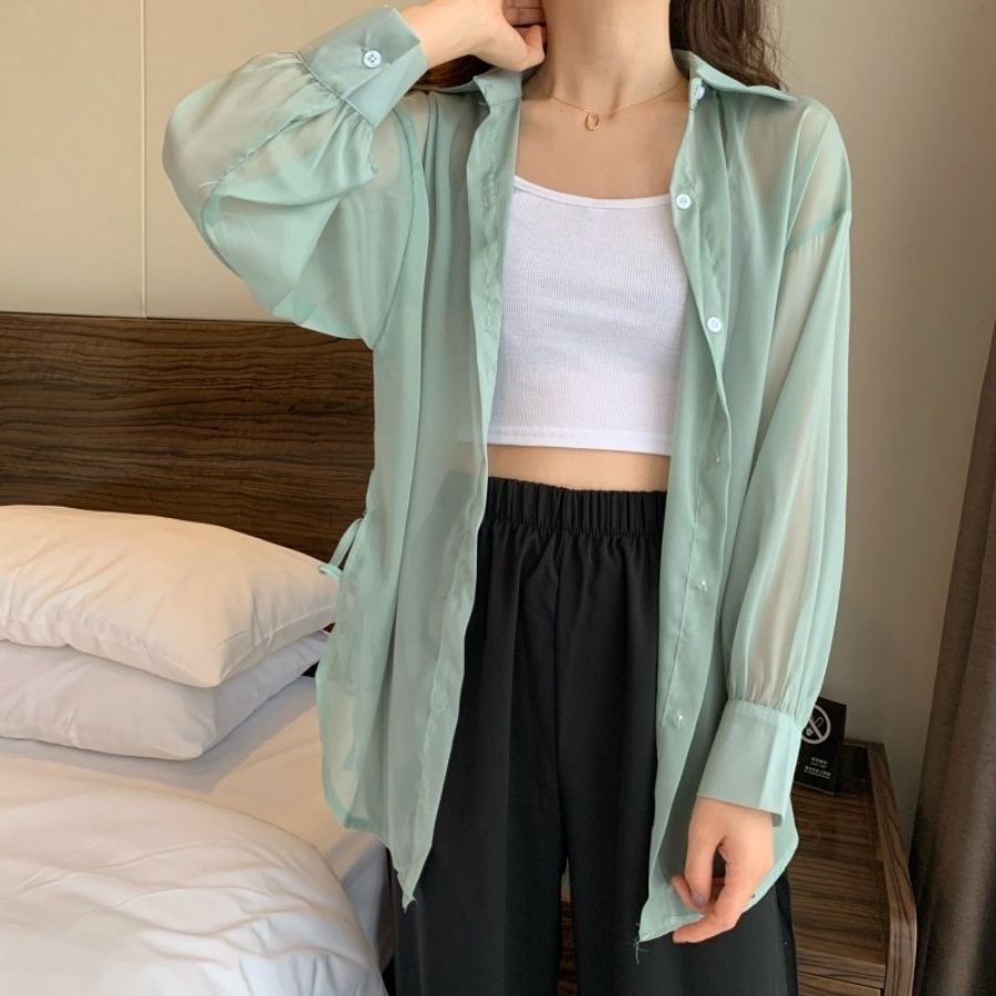 Áo sơ mi nữ mỏng khoác ngoài dài tay đi chơi đi biển phối nơ buộc sườn. Sơ mi nữ dài tay voan mỏng khoác ngoài đi biển.