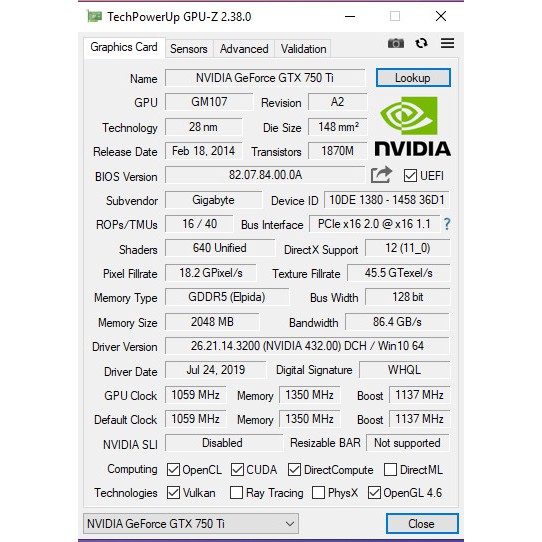 Card Đồ Hoạ GIGABYTE GTX 750Ti Windforce 2GB GDDR5 128Bit