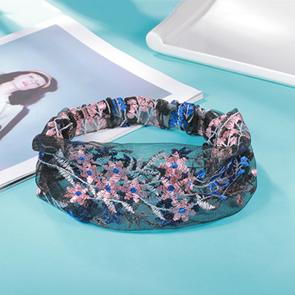 Băng đô bản rộng co giãn thêu hình hoa xinh xắn cho nữ