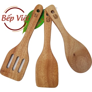 Bộ Tam 3 Vá Sạn Gỗ Xà Cừ.Dụng cụ nhà bếp bằng gỗ Sạn Vá xới cơm chiên xào Sạn có rãnh.