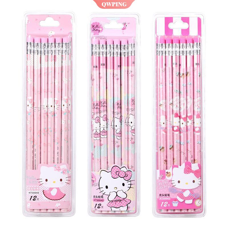 Bộ 12 Cây Bút Chì Bằng Da Hình Hello Kitty Dễ Thương Cho Bé Gái