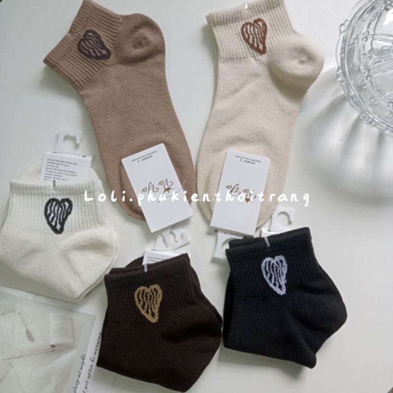 Tất Vớ Nữ Cổ Ngắn In Hình Trái Tim Màu Trà Sữa Phong Cách Hàn Quốc (TN023)