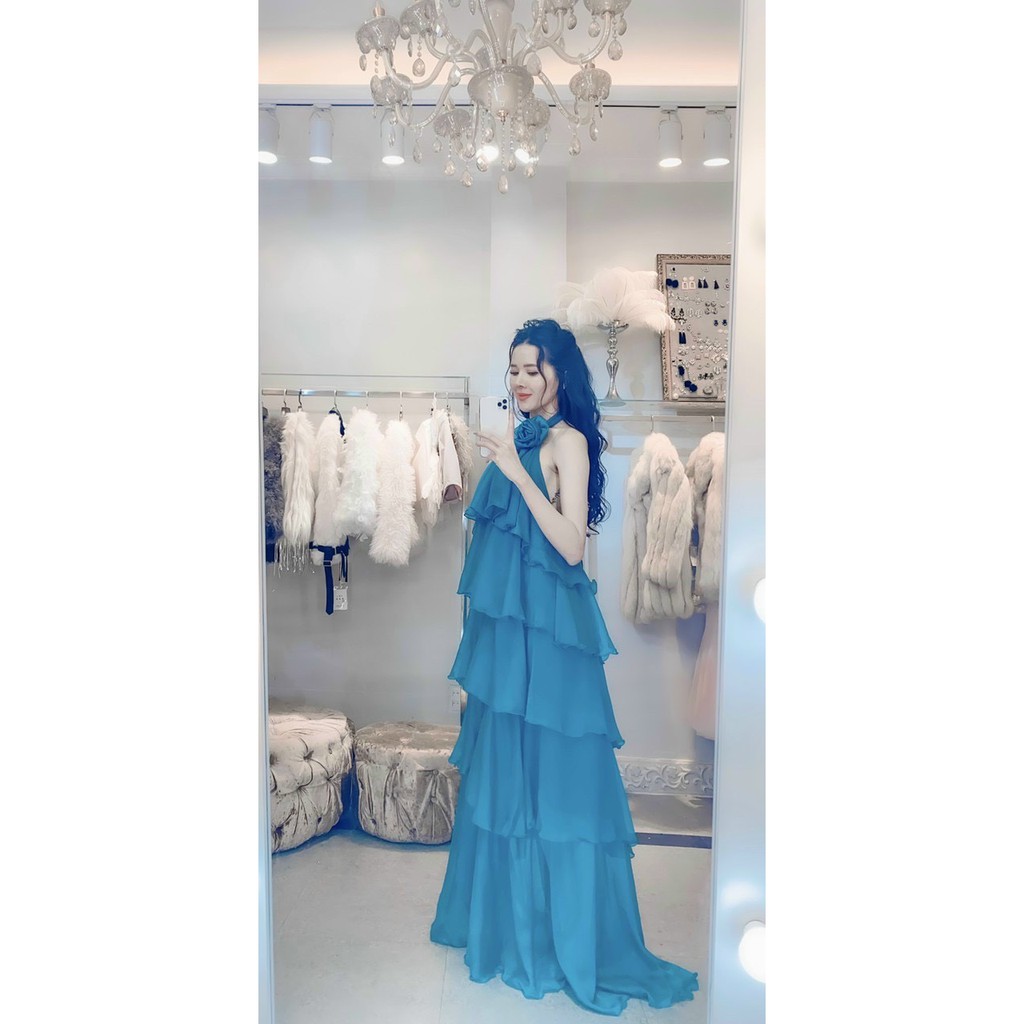 💖 FREESHIP💖 Đầm maxi voan tầng yếm hoa cổ, Đầm maxi đi biển tầng yếm xích 5 Màu có video và ảnh thật S0