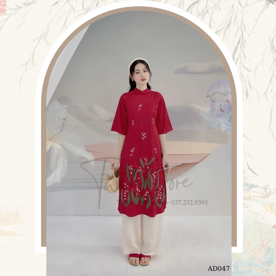 Áo dài cách tân KÈM QUẦN dáng suông TWINS STORE chất lụa vân gỗ thêu hoa, đính lá vải - AD047