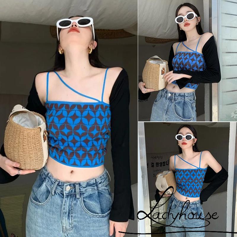 Ldd-áo Tank Top Dệt Kim Họa Tiết Hình Học Tương Phản Hai Dây Spaghetti Không Đối Xứng Cho Nữ