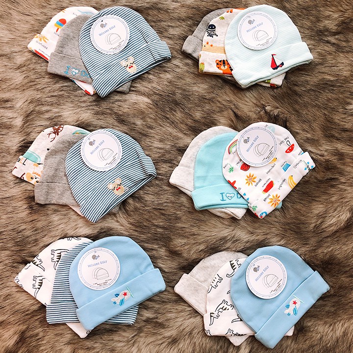 Set 3 nón sơ sinh cho bé trai và bé gái từ 0-6 tháng tuổi chất thun cotton dày đẹp giữ ấm cho bé Baby-S – SSS004