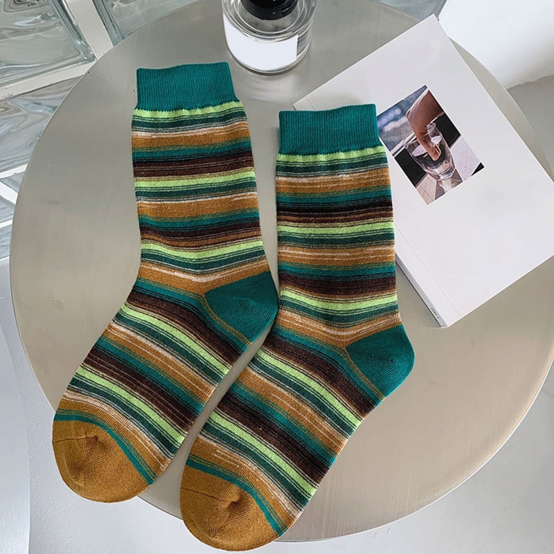 Xiangbao Vớ Cotton Cổ Trung Kẻ Sọc Cầu Vồng Nhiều Màu Sắc Harajuku Cho Nữ