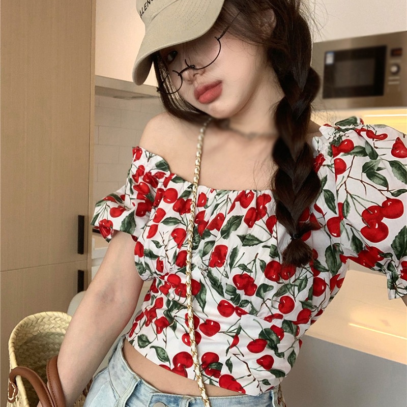 Áo sơ mi kiểu ngắn tay phồng cổ vuông hở lưng họa tiết quả cherry thời trang mùa hè cho nữ