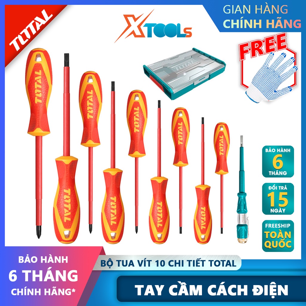 Bộ tuốt nơ vít cách điện 10 chi tiết TOTAL THKTV02S101 | Bộ 10 tua vít cách điện 9 tua vít SL3.0x75mm, SL4.0x100mm, SL5.