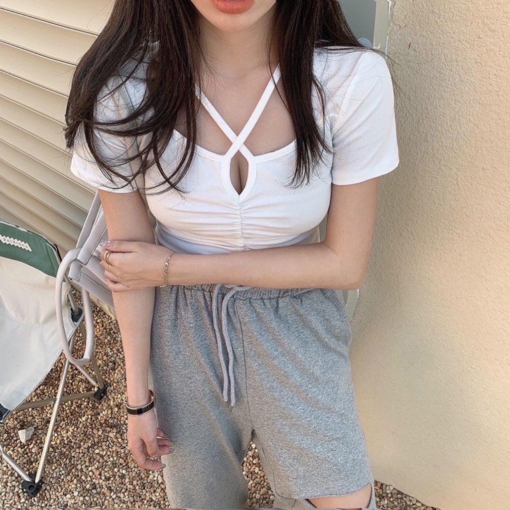 Áo thun tay ngắn có dây yếm choàng cổ dúm ngực freesize cực sexy